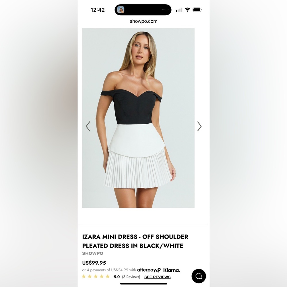 SHOWPO IZARA MINI DRESS - OFF SHOULDER PLEATED DRESS IN BLACK/WHITE size US 4